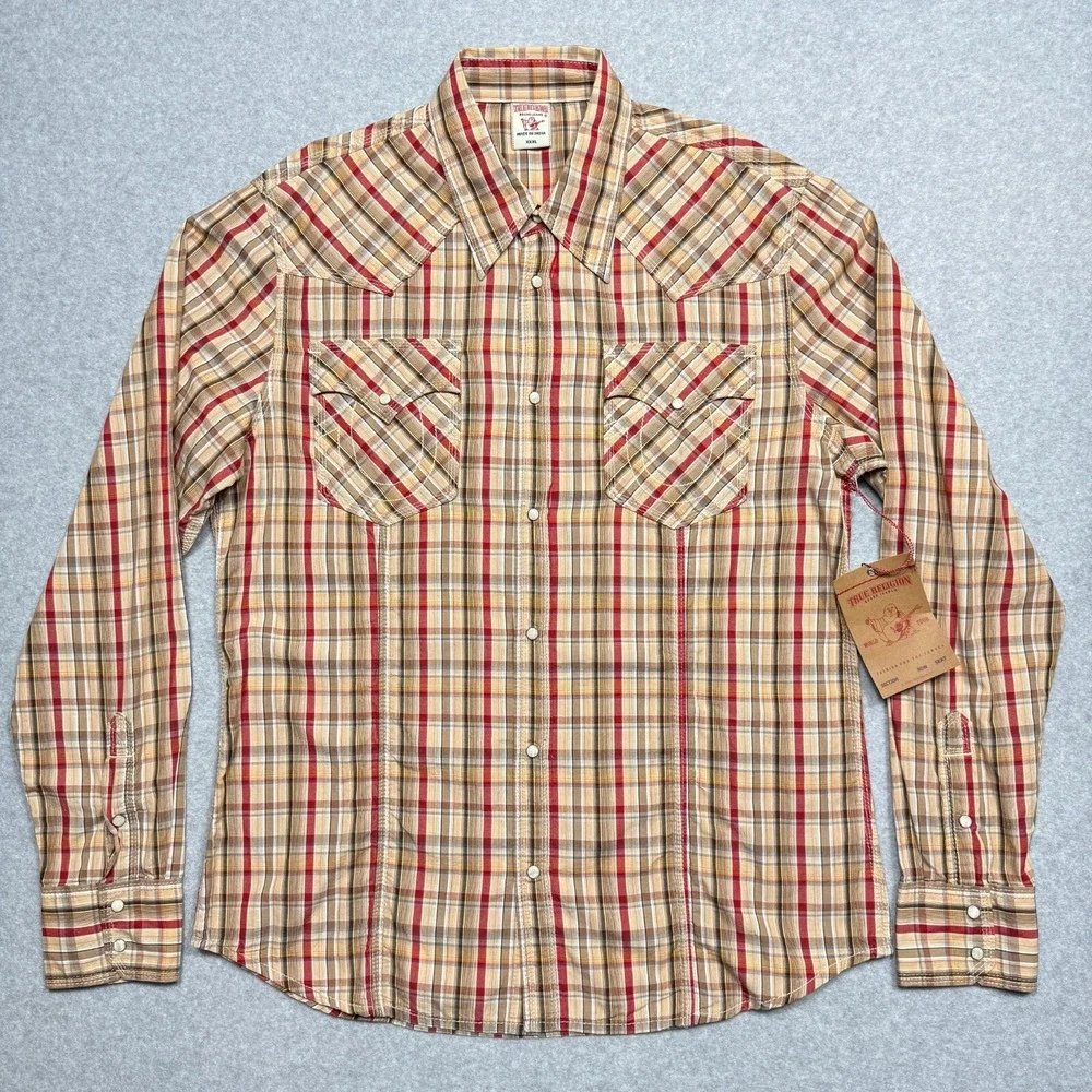 True Religion Mens 3XL Brown Red Plaid Pearl Snap Western Shirt ML4BG48MNT NWT